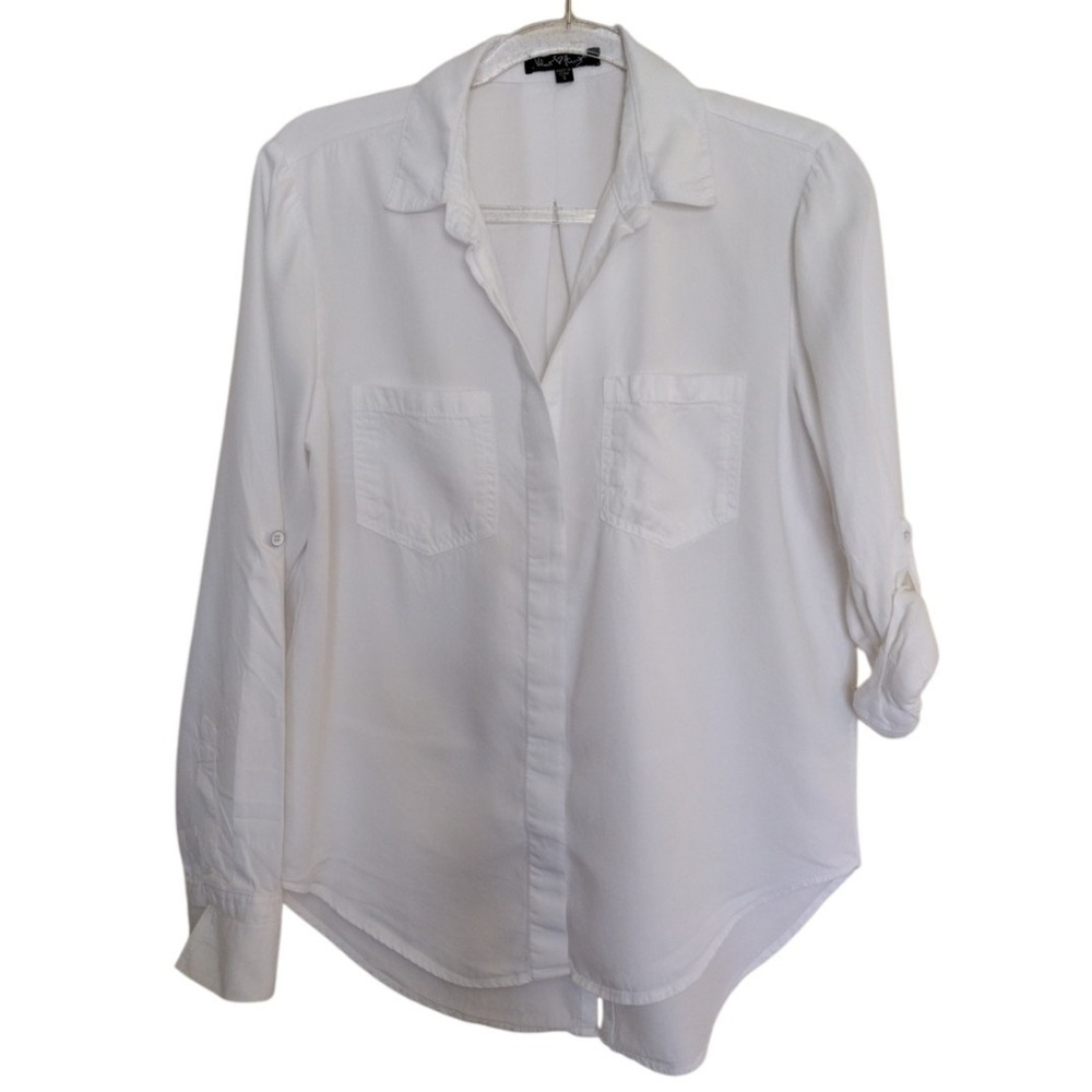 Velvet Hearts Button‎ Up Shirt Woman's  S White Long Roll Tab Sleeves Oversized